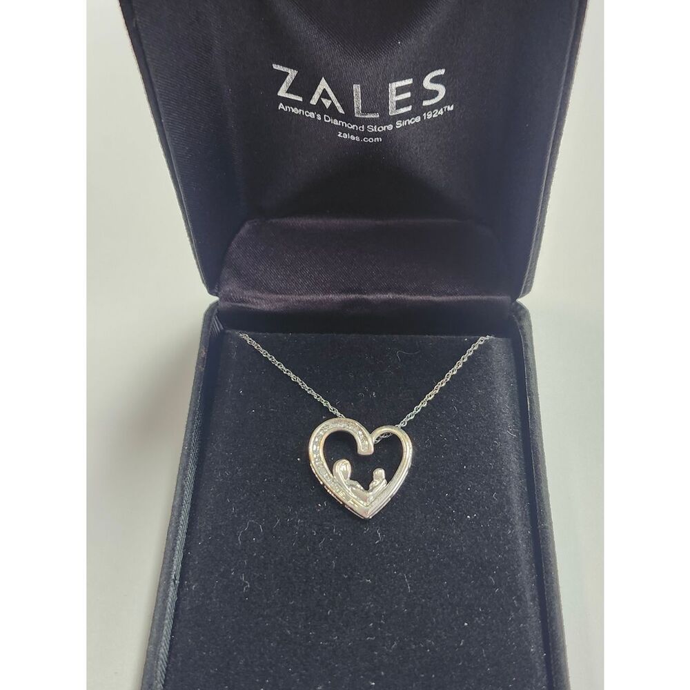 ZALES STERLING SILVER DIAMOND MOTHER & CHILD HEART PENDANT 17" Chain